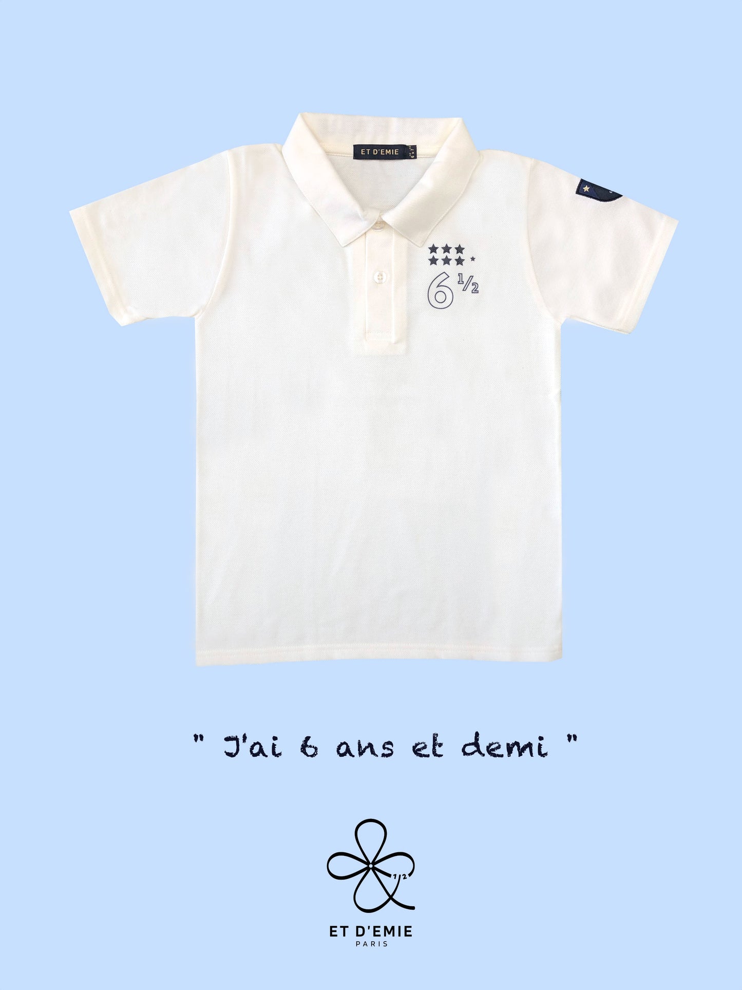 MINI CAPTAIN - SOUL REBELLE polo shirt "I'm 6 and a half years old" embroidered in ivory organic cotton pique🇫🇷