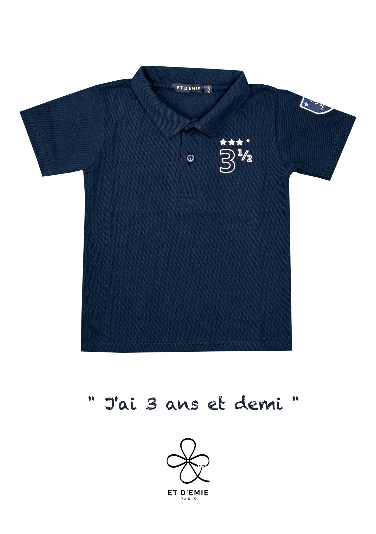 Polo MINI CAPTAIN - SOUL REBELLE "I'm 3 and a half years old" embroidered in navy organic piqué cotton 🇫🇷