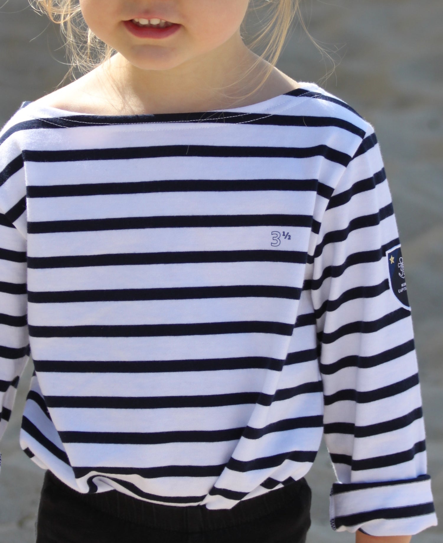 MARINIERE J'AI 3 ANS ET DEMI EN COTON BIO BRODÉÉ BLASON MINI CAPITAINE MADE IN FRANCE. LA MARINIERE DES DEMIS DE 1 ANS ET DEMI À 10 ANS ET DEMI