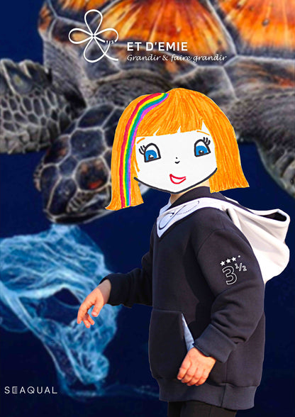 Sweat à capuche enfant en coton bio et seaqual imprimé 9 ans et demi et OCEAN CONNECTED marine et blanc 🇫🇷