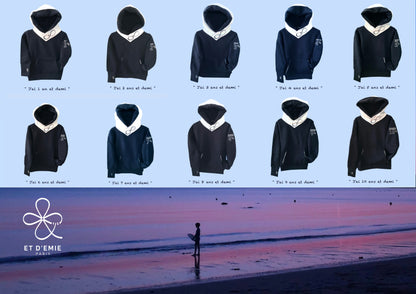 Sweat à capuche enfant en coton bio et seaqual imprimé 9 ans et demi et OCEAN CONNECTED marine et blanc 🇫🇷