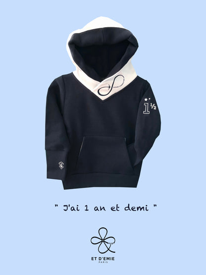 Hoody OCEAN CONNECTED "I'm 1 year and a half" in navy organic cotton and white seaqual 🇫🇷