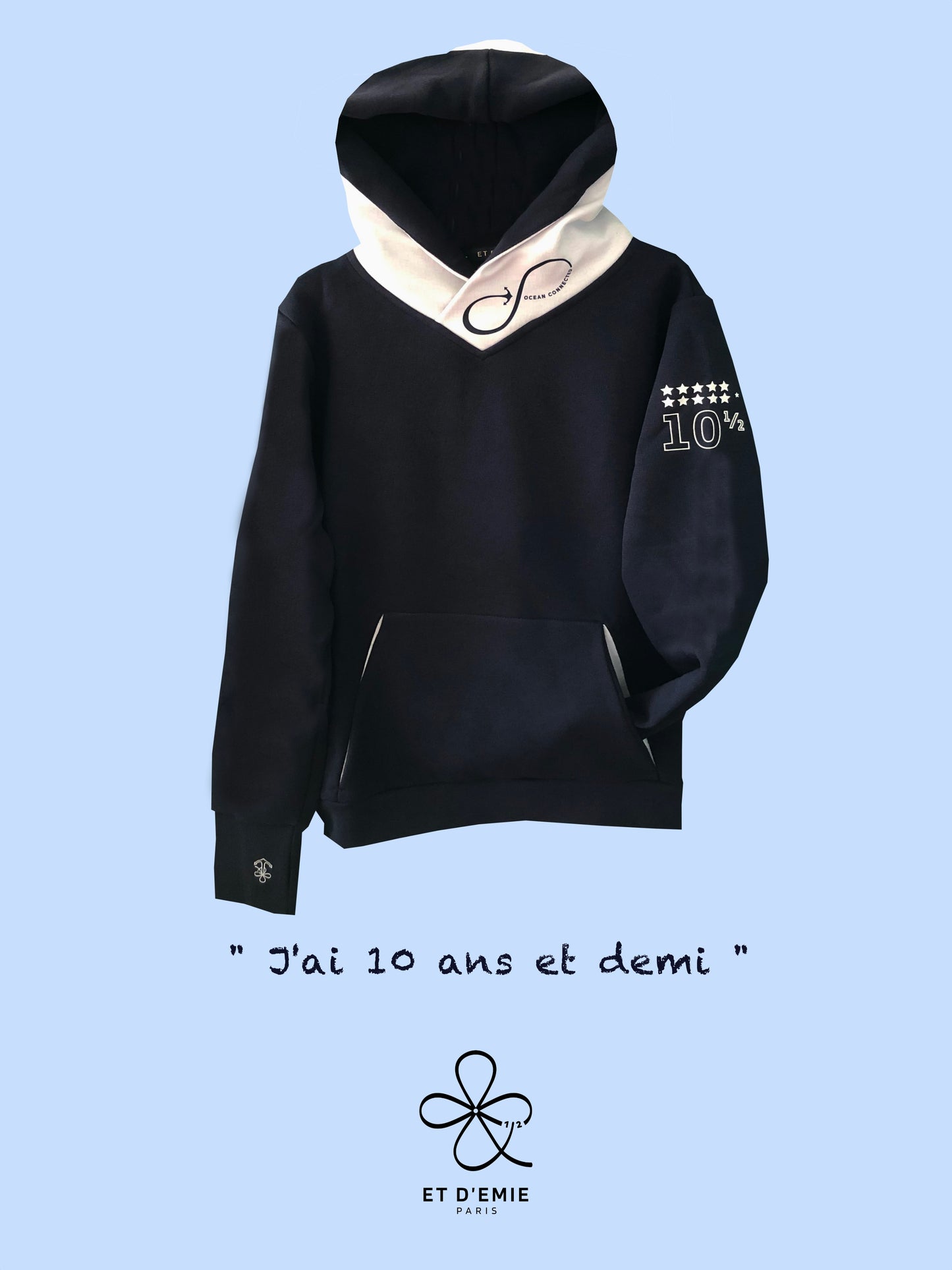 Hoody OCEAN CONNECTED "I'm 10 and a half years old" in navy organic cotton and white seaqual 🇫🇷