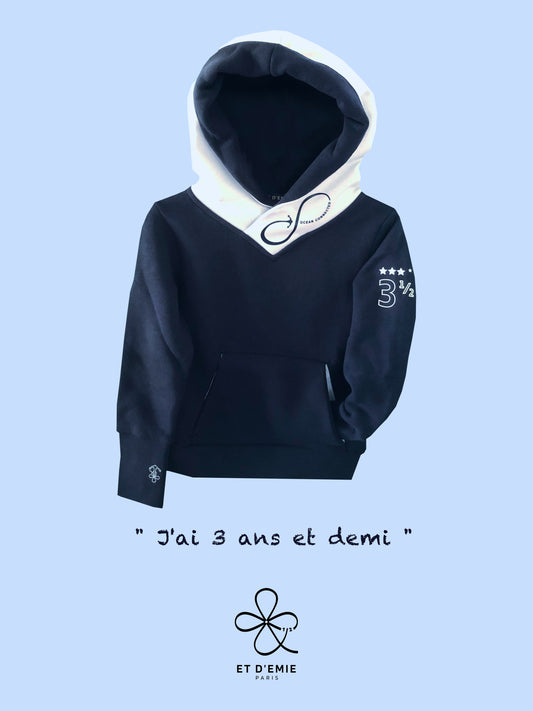 Hoody OCEAN CONNECTED "I'm 3 and a half years old" in navy organic cotton and white seaqual 🇫🇷