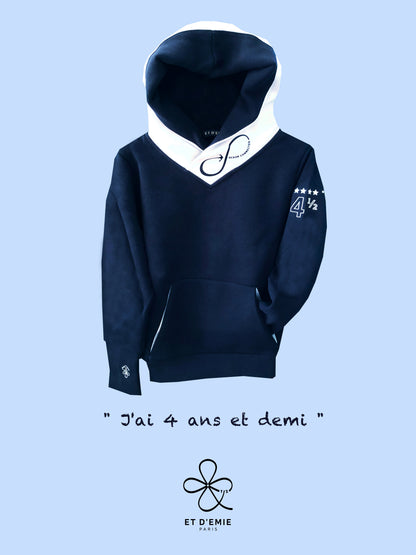Hoody OCEAN CONNECTED "I'm 4 and a half years old" in navy organic cotton and white seaqual 🇫🇷