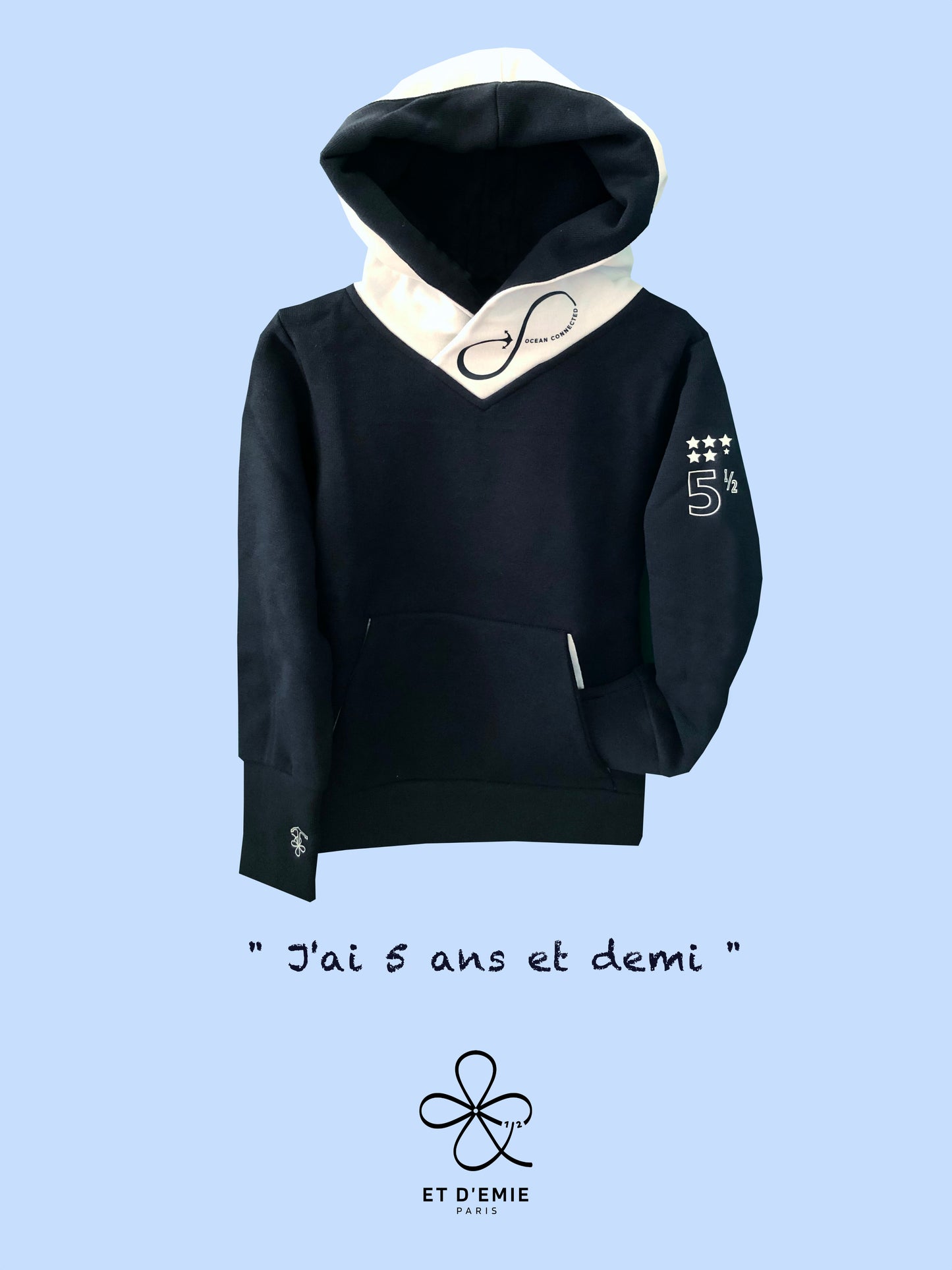 Hoody OCEAN CONNECTED "I'm 5 and a half years old" in navy organic cotton and white seaqual 🇫🇷