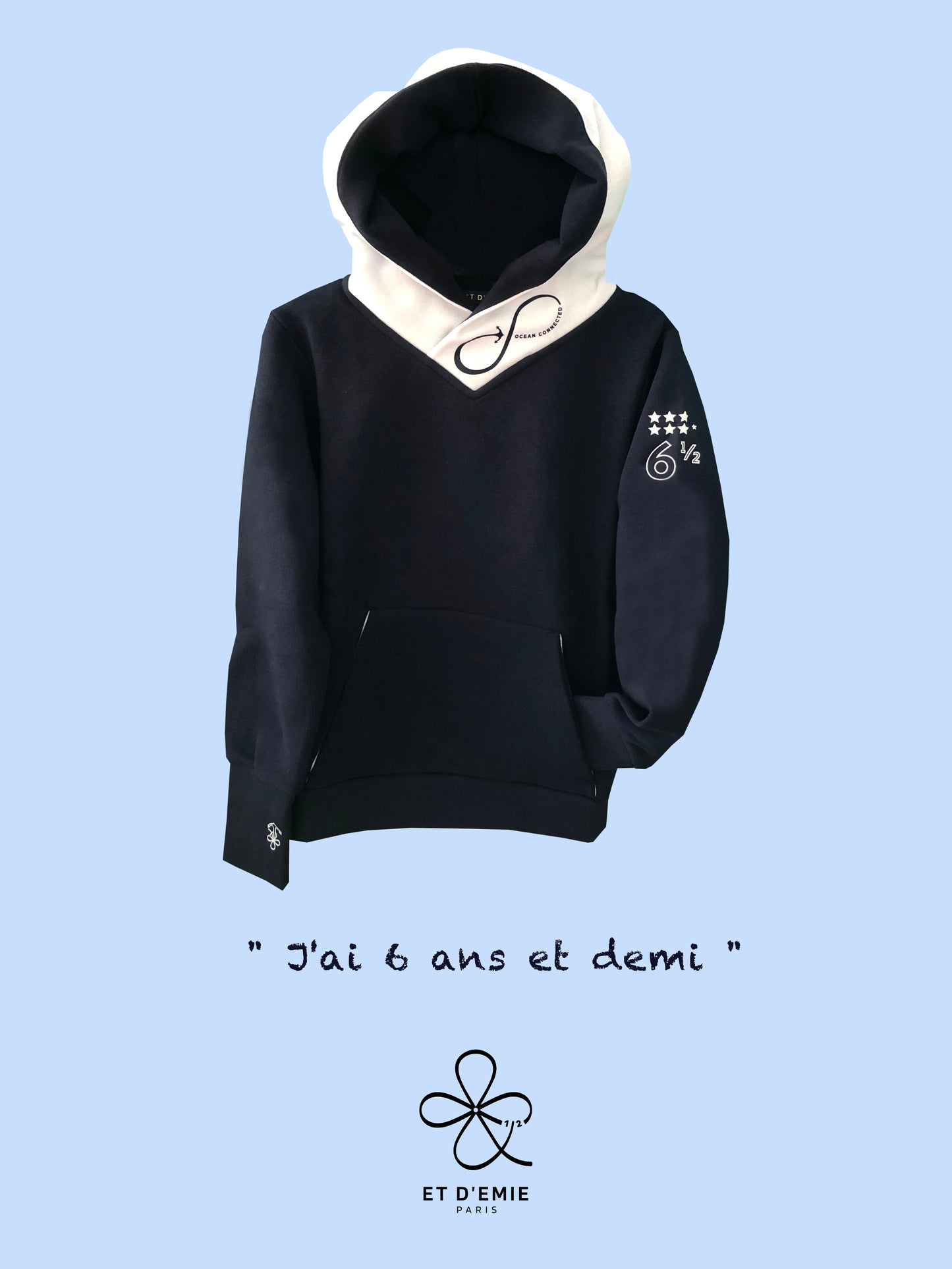 Hoody OCEAN CONNECTED "I'm 6 and a half years old" in navy organic cotton and white seaqual 🇫🇷