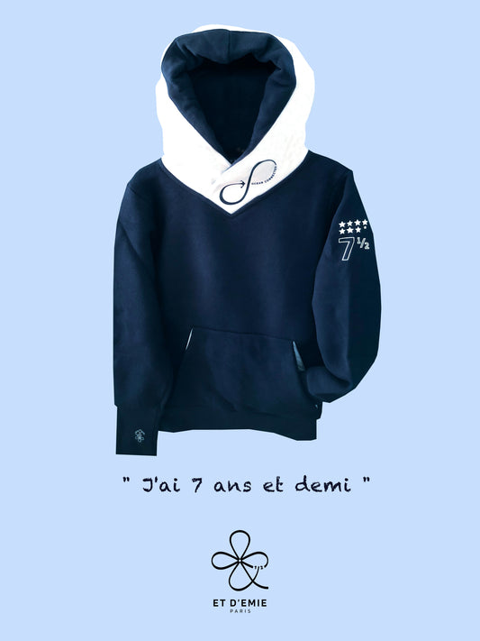Hoody OCEAN CONNECTED "I'm 7 and a half years old" in navy organic cotton and white seaqual 🇫🇷