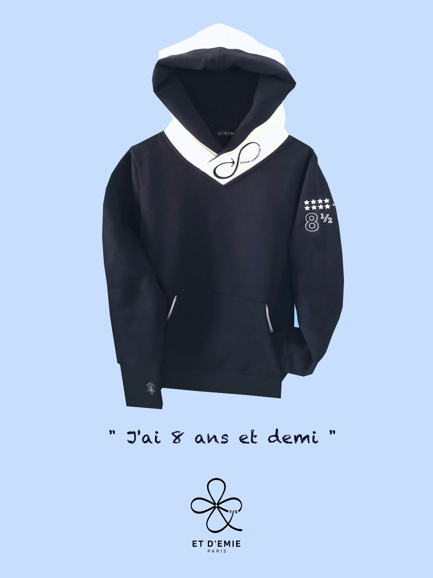 Hoody OCEAN CONNECTED "I'm 8 and a half years old" in navy organic cotton and white seaqual 🇫🇷