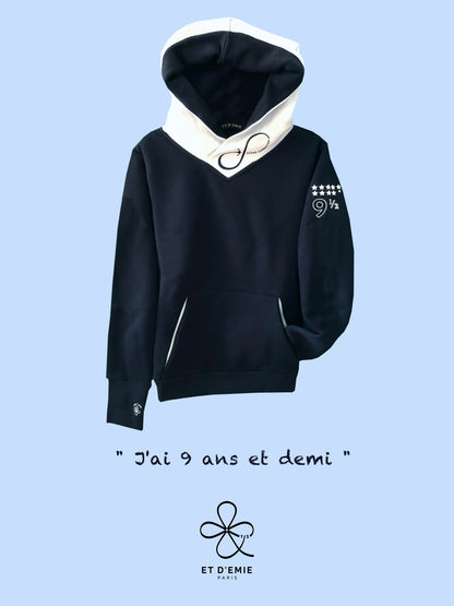 Hoody OCEAN CONNECTED "I'm 9 and a half years old" in navy organic cotton and white seaqual 🇫🇷