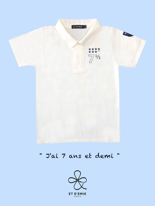 MINI CAPTAIN - SOUL REBELLE polo shirt "I'm 7 and a half years old" embroidered in ivory organic pique cotton🇫🇷