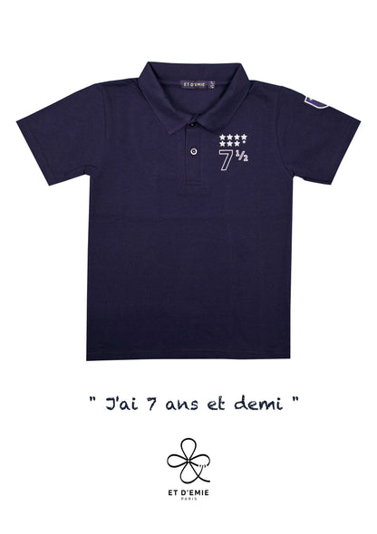 Polo MINI CAPTAIN - SOUL REBELLE "I'm 7 and a half years old" embroidered in navy organic piqué cotton 🇫🇷
