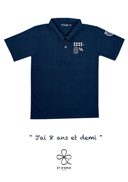 Polo MINI CAPTAIN - SOUL REBELLE "I'm 8 and a half years old" embroidered in navy organic piqué cotton 🇫🇷