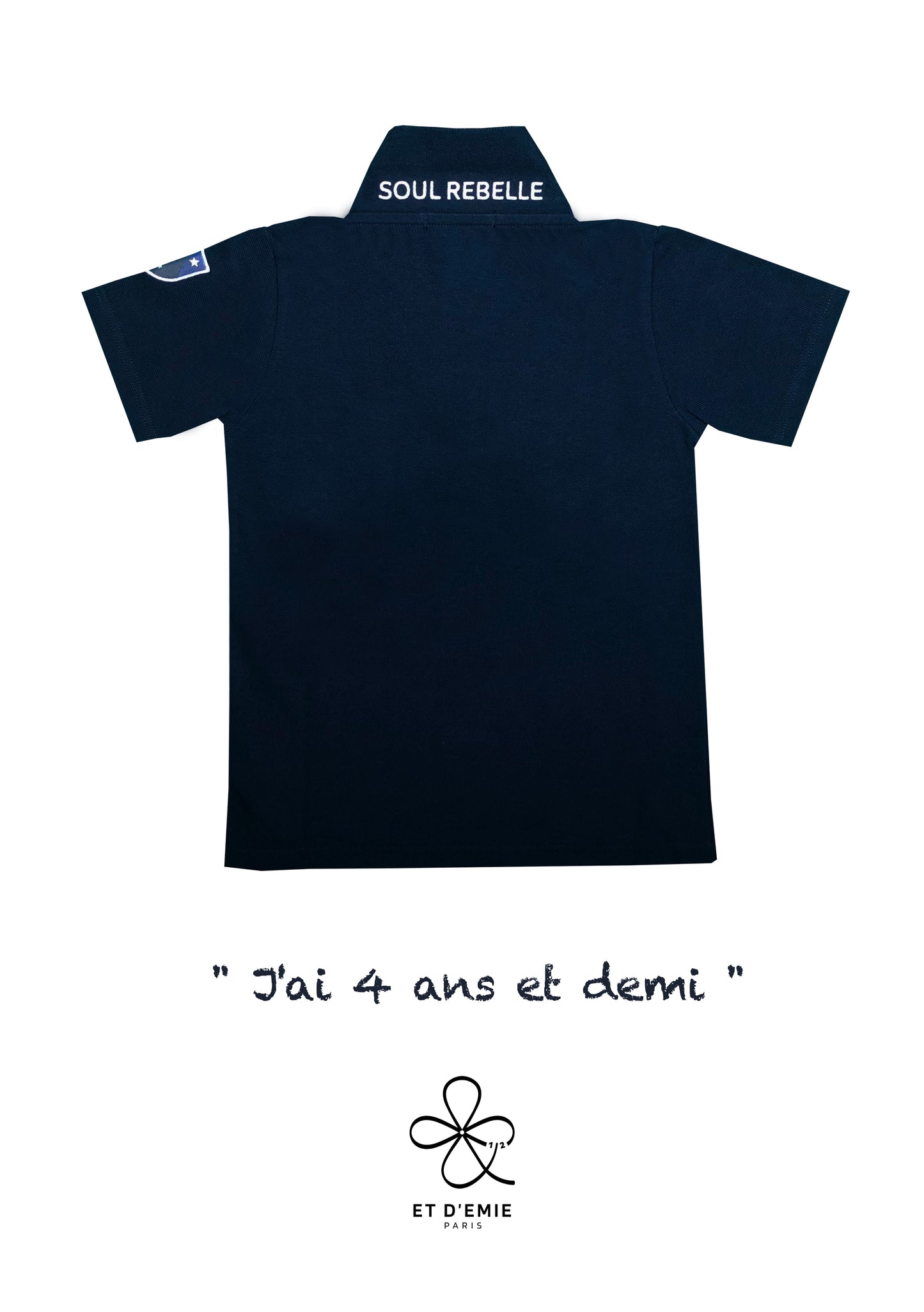 Polo MINI CAPTAIN - SOUL REBELLE "I'm 4 and a half years old" embroidered in navy organic piqué cotton 🇫🇷