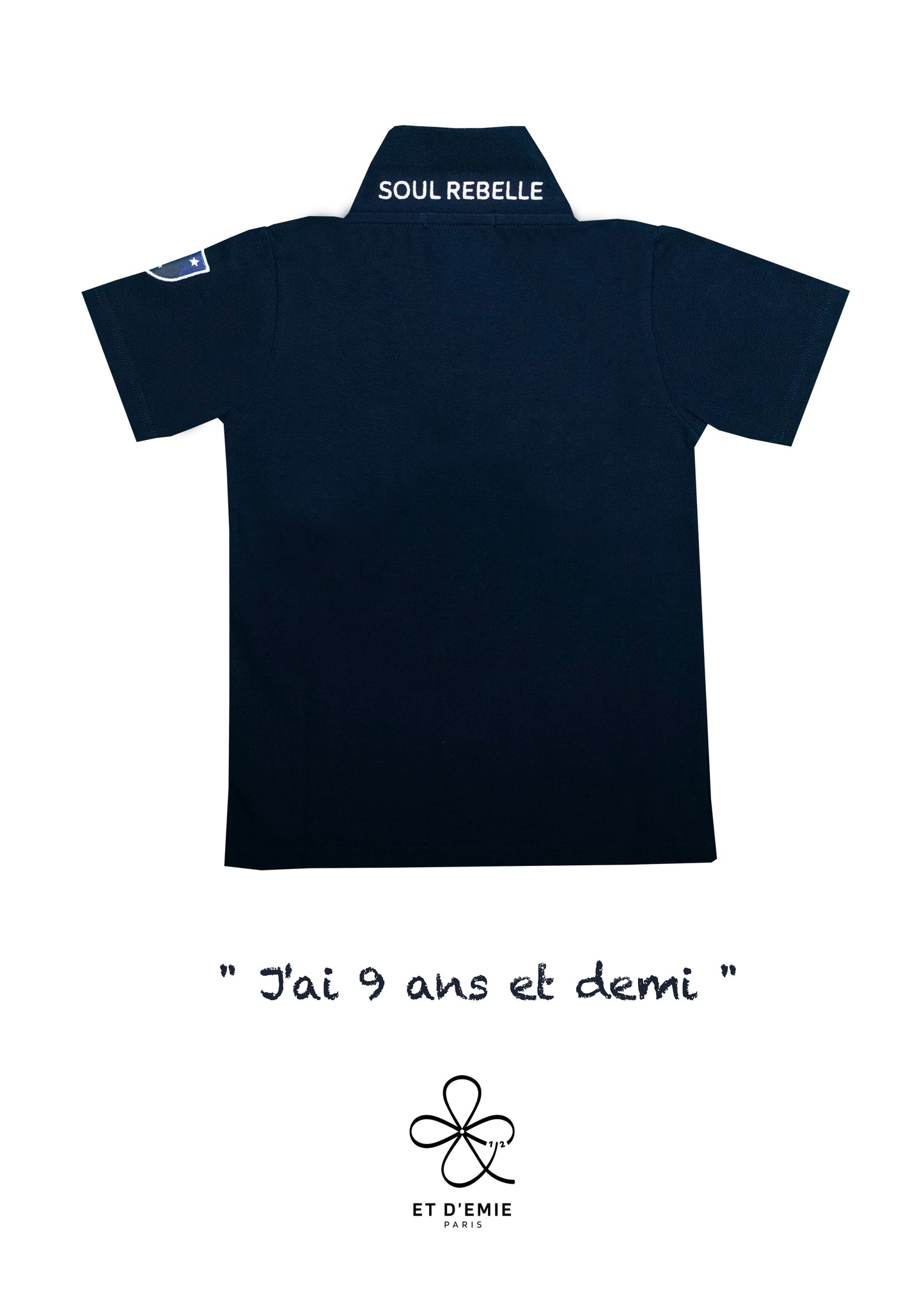 Polo MINI CAPTAIN - SOUL REBELLE "I'm 9 and a half years old" embroidered in navy organic piqué cotton 🇫🇷