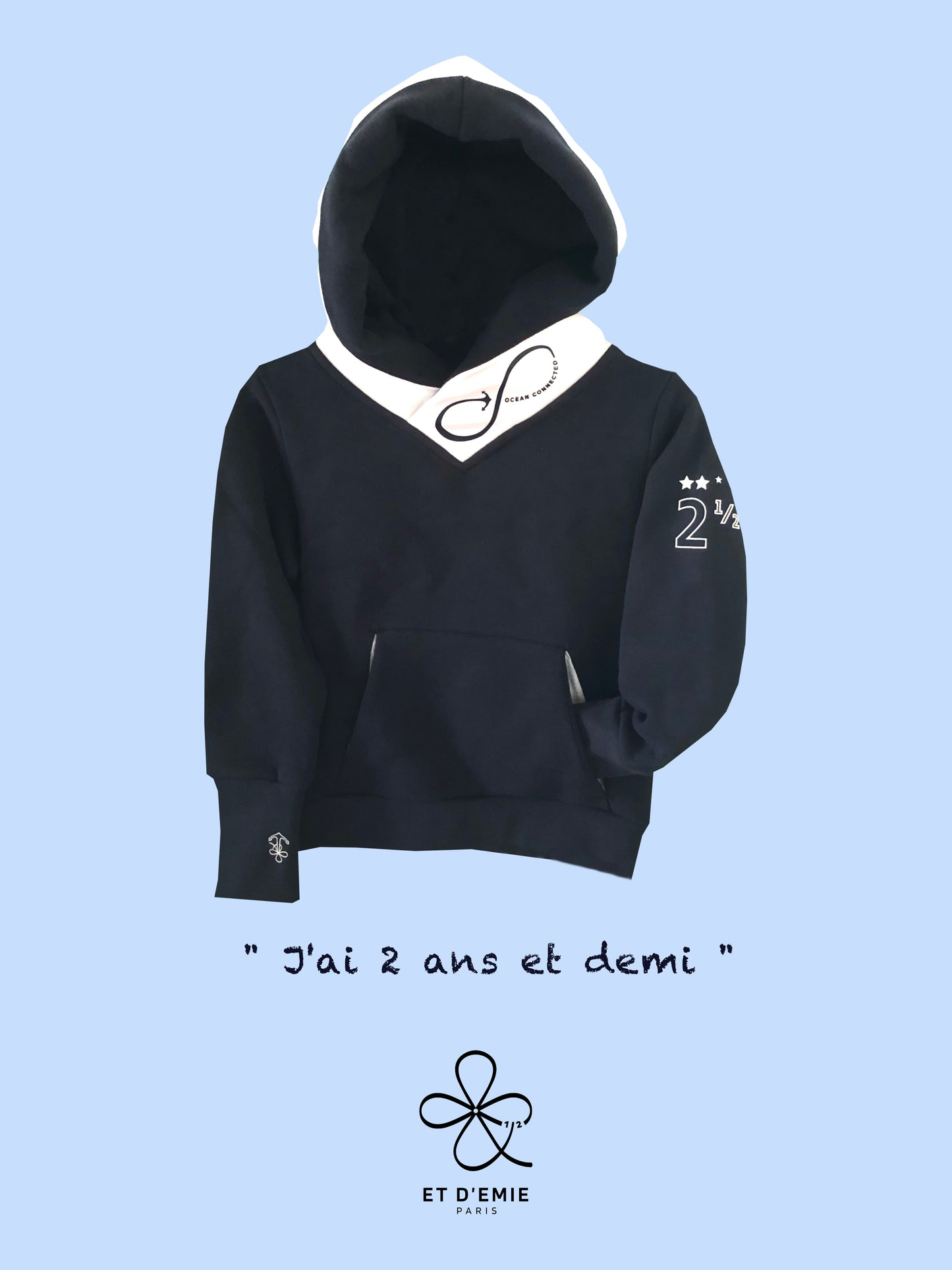 Hoody OCEAN CONNECTED "I'm 2 and a half years old" in navy organic cotton and white seaqual 🇫🇷