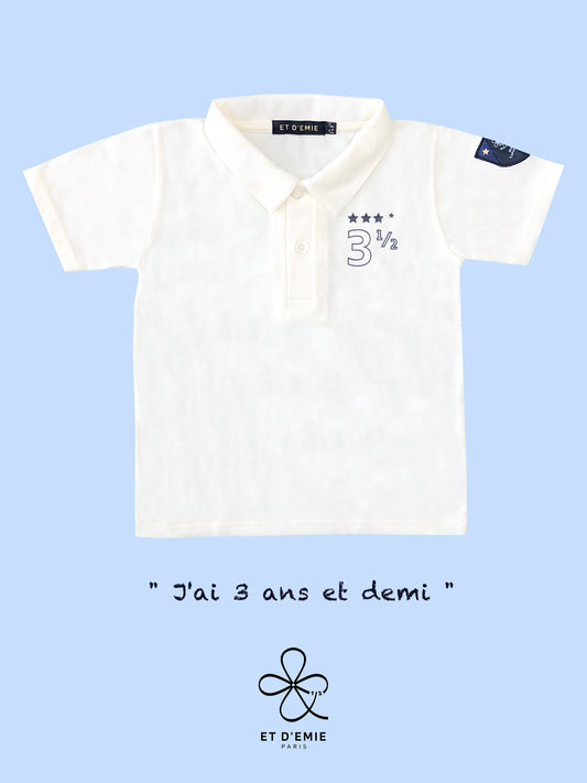 MINI CAPTAIN - SOUL REBELLE polo shirt "I'm 3 and a half years old" embroidered in ivory organic cotton pique🇫🇷