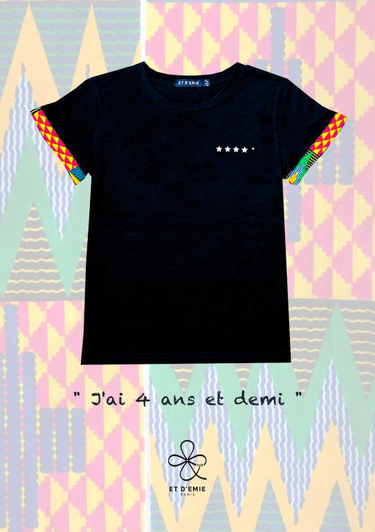REBELLE t-shirt "I'm 4 and a half years old" embroidered in organic cotton and wax π«π·